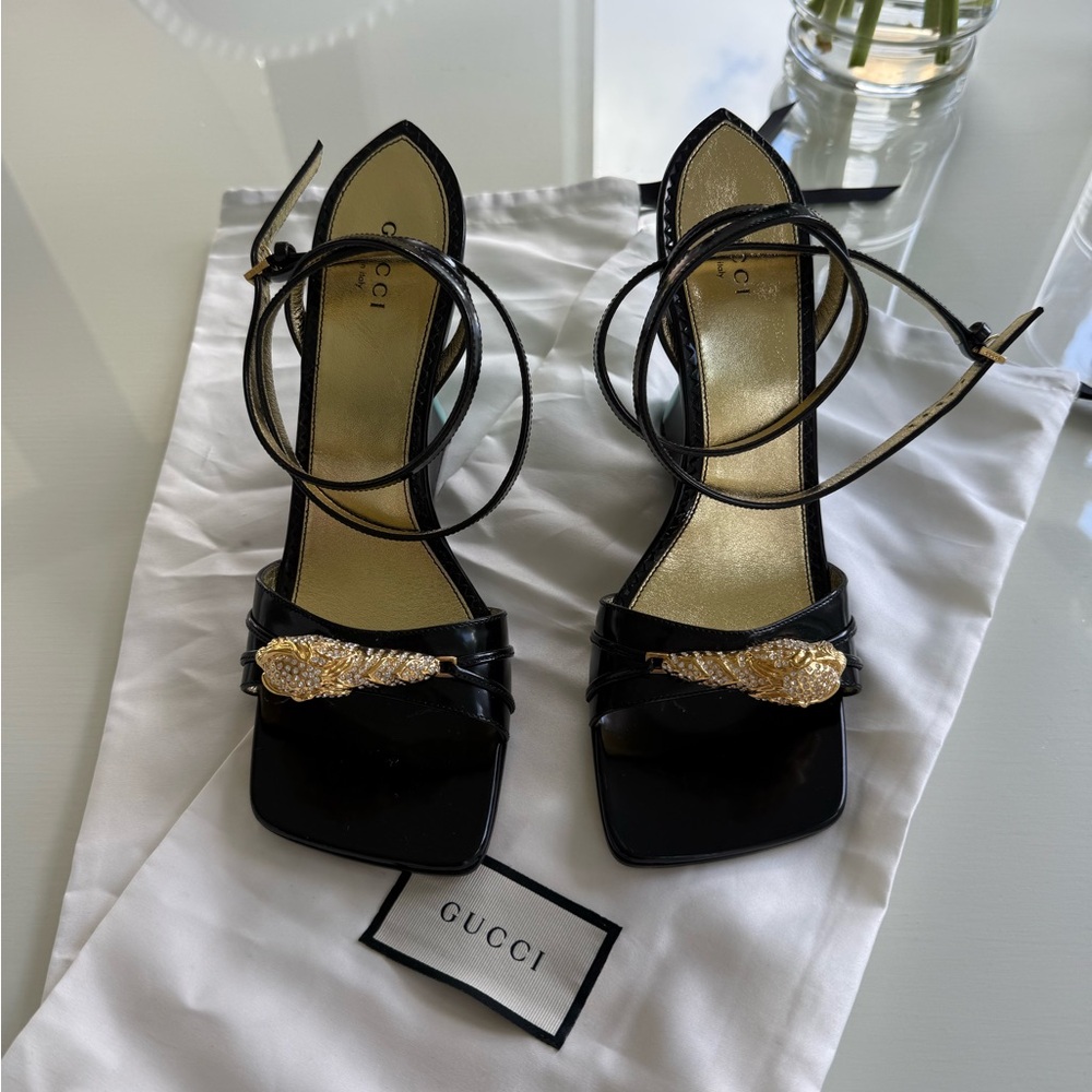 Gucci Black Heels with Gold Tiger Detailing